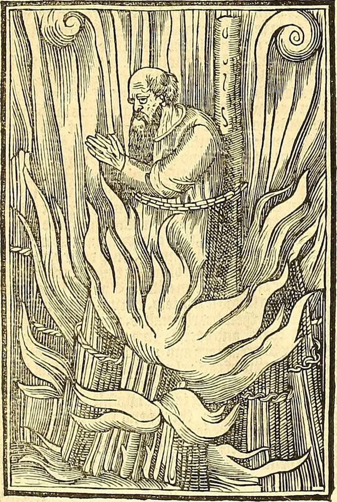 An illustration from The Ecclesiasticall historie : containing the Acts and monuments of martyrs, with a generall discourse of these later persecutions, horrible troubles and tumults, stirred up by Romish prelates in the Church: with divers other things incident, especially to this Realme of England and Scotland, as partly also to all other forraigne nations appertaining, from the time of Q. Maries entring upon the Crowne, to the reigne of our late gracious Soveraigne, Q. Elizabeth of blessed memorie, 1641, leaf 999
