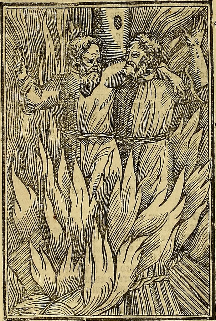 An illustration from The Ecclesiasticall historie : containing the Acts and monuments of martyrs, with a generall discourse of these later persecutions, horrible troubles and tumults, stirred up by Romish prelates in the Church: with divers other things incident, especially to this Realme of England and Scotland, as partly also to all other forraigne nations appertaining, from the time of Q. Maries entring upon the Crowne, to the reigne of our late gracious Soveraigne, Q. Elizabeth of blessed memorie, 1641, leaf 167