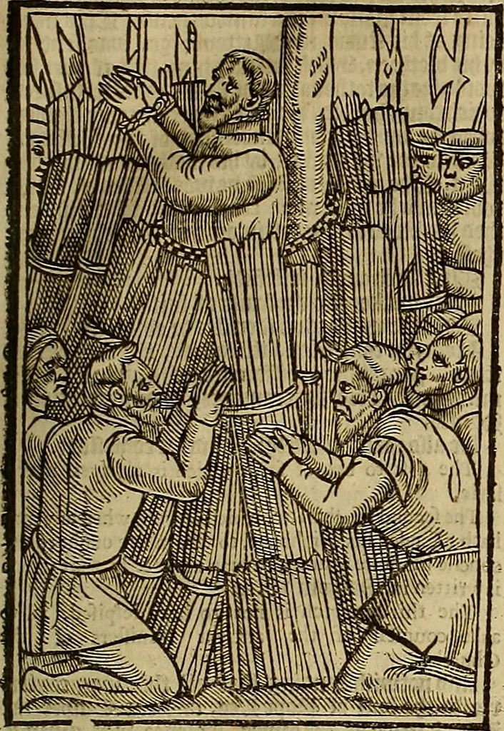 An illustration from The Ecclesiasticall historie : containing the Acts and monuments of martyrs, with a generall discourse of these later persecutions, horrible troubles and tumults, stirred up by Romish prelates in the Church: with divers other things incident, especially to this Realme of England and Scotland, as partly also to all other forraigne nations appertaining, from the time of Q. Maries entring upon the Crowne, to the reigne of our late gracious Soveraigne, Q. Elizabeth of blessed memorie, 1641, leaf 180