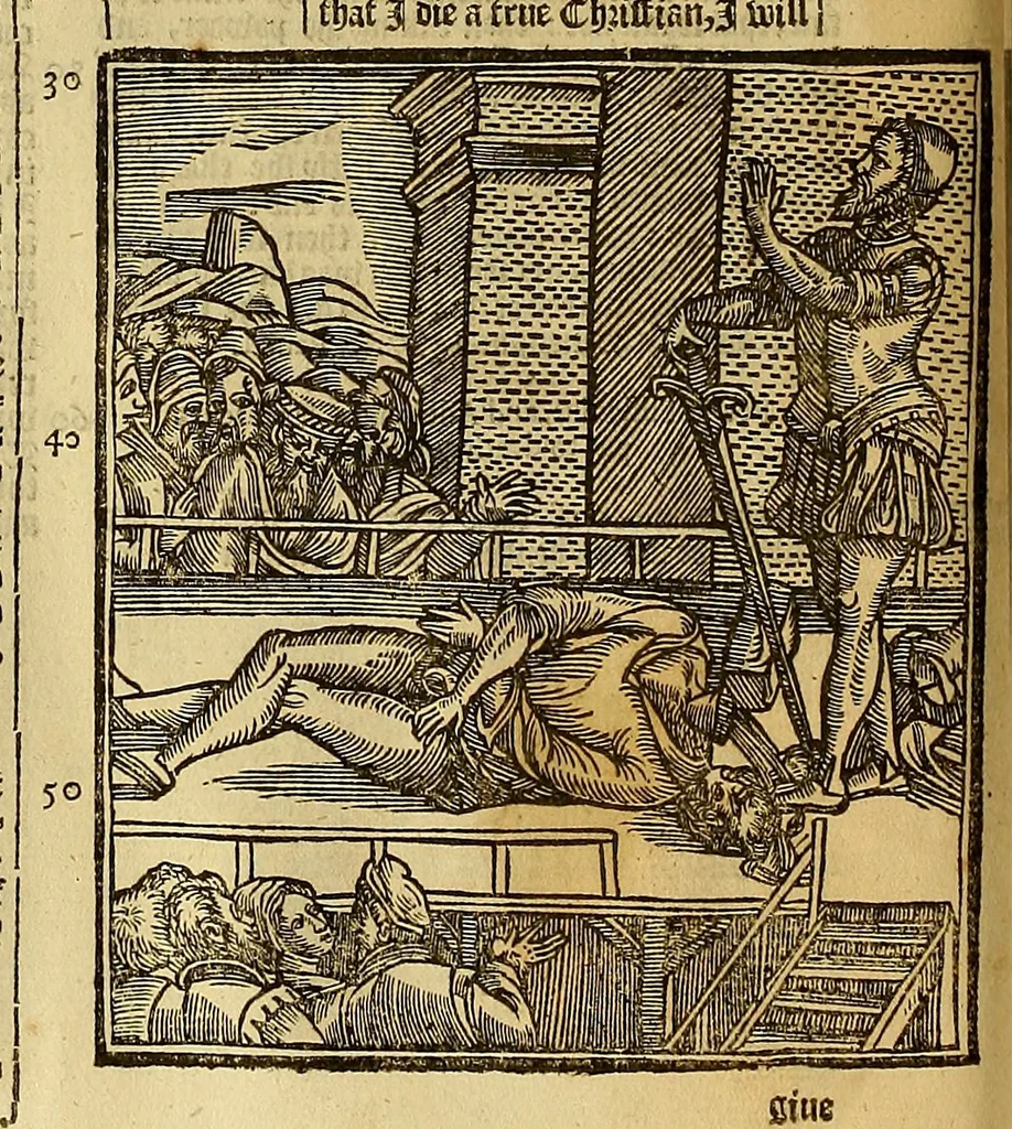 An illustration from The Ecclesiasticall historie : containing the Acts and monuments of martyrs, with a generall discourse of these later persecutions, horrible troubles and tumults, stirred up by Romish prelates in the Church: with divers other things incident, especially to this Realme of England and Scotland, as partly also to all other forraigne nations appertaining, from the time of Q. Maries entring upon the Crowne, to the reigne of our late gracious Soveraigne, Q. Elizabeth of blessed memorie, 1641, leaf 183