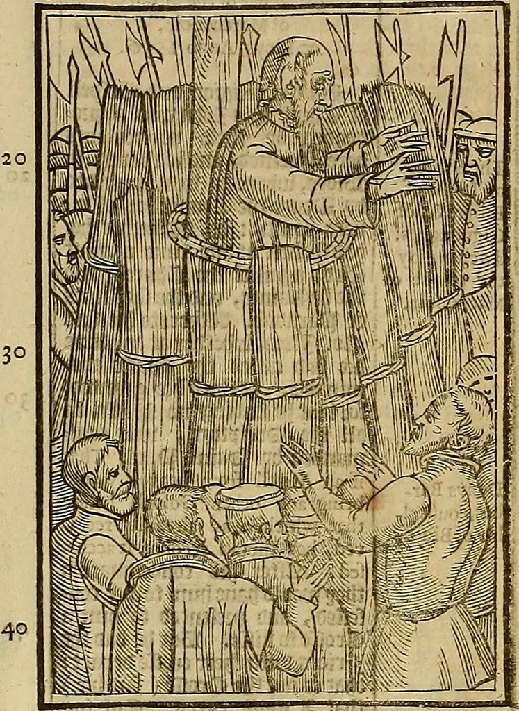An illustration from The Ecclesiasticall historie : containing the Acts and monuments of martyrs, with a generall discourse of these later persecutions, horrible troubles and tumults, stirred up by Romish prelates in the Church: with divers other things incident, especially to this Realme of England and Scotland, as partly also to all other forraigne nations appertaining, from the time of Q. Maries entring upon the Crowne, to the reigne of our late gracious Soveraigne, Q. Elizabeth of blessed memorie, 1641, leaf 216