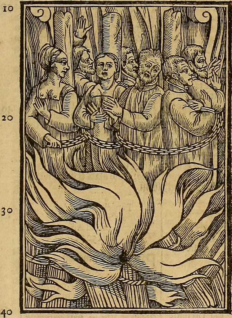 An illustration from The Ecclesiasticall historie : containing the Acts and monuments of martyrs, with a generall discourse of these later persecutions, horrible troubles and tumults, stirred up by Romish prelates in the Church: with divers other things incident, especially to this Realme of England and Scotland, as partly also to all other forraigne nations appertaining, from the time of Q. Maries entring upon the Crowne, to the reigne of our late gracious Soveraigne, Q. Elizabeth of blessed memorie, 1641, leaf 292