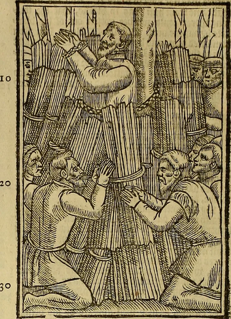 An illustration from The Ecclesiasticall historie : containing the Acts and monuments of martyrs, with a generall discourse of these later persecutions, horrible troubles and tumults, stirred up by Romish prelates in the Church: with divers other things incident, especially to this Realme of England and Scotland, as partly also to all other forraigne nations appertaining, from the time of Q. Maries entring upon the Crowne, to the reigne of our late gracious Soveraigne, Q. Elizabeth of blessed memorie, 1641, leaf 325