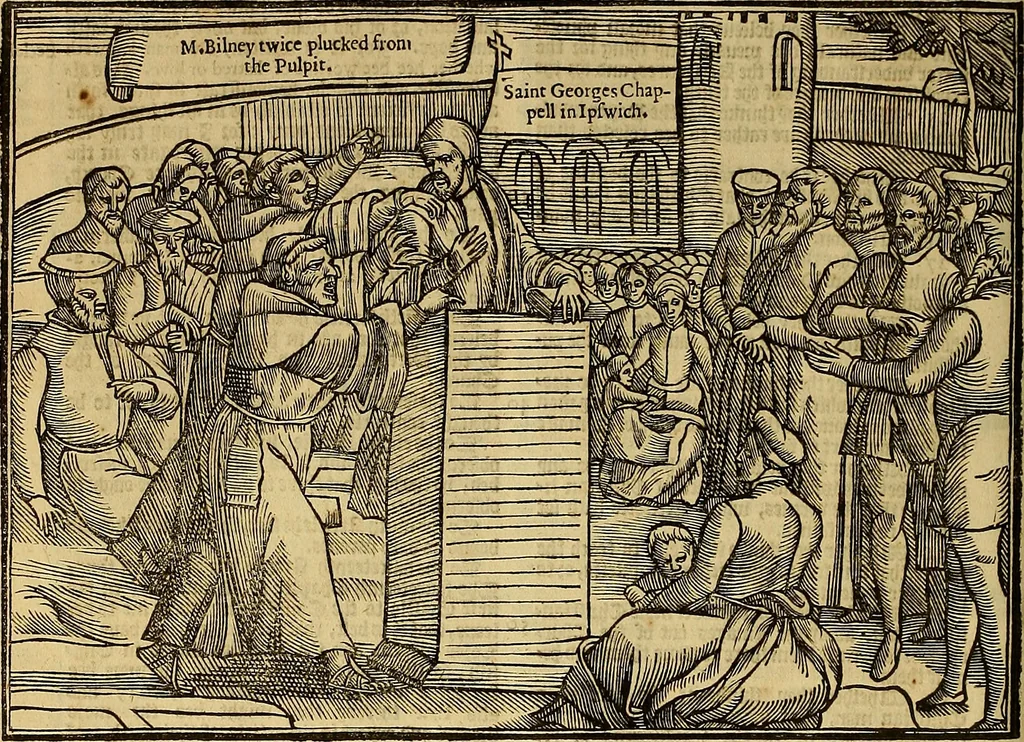 An illustration from The Ecclesiasticall historie : containing the Acts and monuments of martyrs, with a generall discourse of these later persecutions, horrible troubles and tumults, stirred up by Romish prelates in the Church: with divers other things incident, especially to this Realme of England and Scotland, as partly also to all other forraigne nations appertaining, from the time of Q. Maries entring upon the Crowne, to the reigne of our late gracious Soveraigne, Q. Elizabeth of blessed memorie, 1641, leaf 329