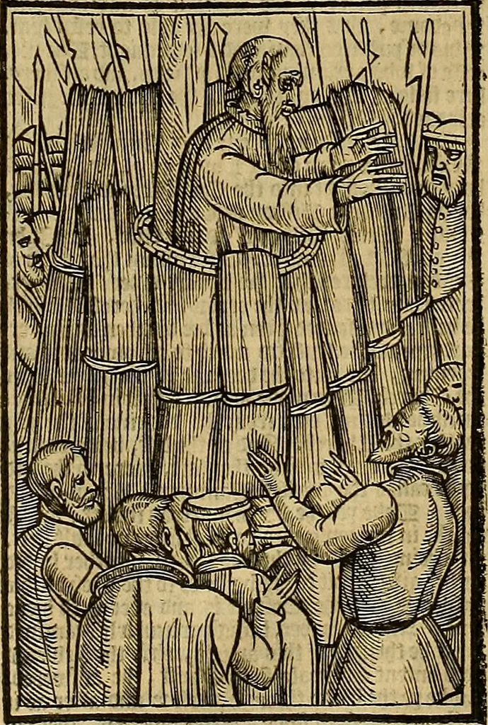 An illustration from The Ecclesiasticall historie : containing the Acts and monuments of martyrs, with a generall discourse of these later persecutions, horrible troubles and tumults, stirred up by Romish prelates in the Church: with divers other things incident, especially to this Realme of England and Scotland, as partly also to all other forraigne nations appertaining, from the time of Q. Maries entring upon the Crowne, to the reigne of our late gracious Soveraigne, Q. Elizabeth of blessed memorie, 1641, leaf 360