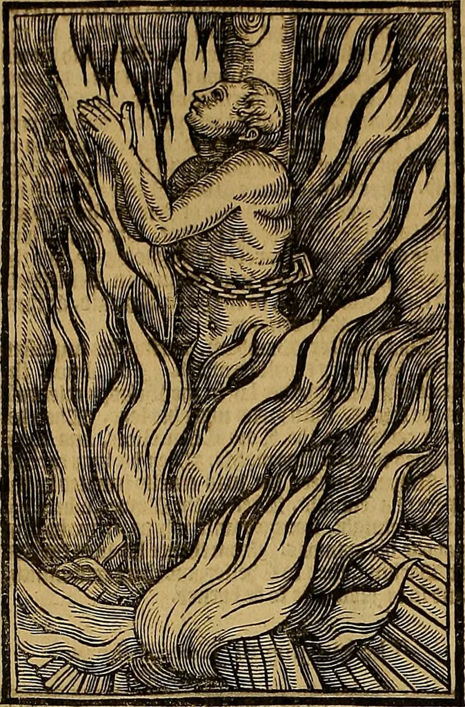 An illustration from The Ecclesiasticall historie : containing the Acts and monuments of martyrs, with a generall discourse of these later persecutions, horrible troubles and tumults, stirred up by Romish prelates in the Church: with divers other things incident, especially to this Realme of England and Scotland, as partly also to all other forraigne nations appertaining, from the time of Q. Maries entring upon the Crowne, to the reigne of our late gracious Soveraigne, Q. Elizabeth of blessed memorie, 1641, leaf 369