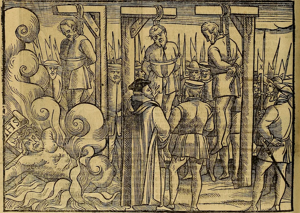 An illustration from The Ecclesiasticall historie : containing the Acts and monuments of martyrs, with a generall discourse of these later persecutions, horrible troubles and tumults, stirred up by Romish prelates in the Church: with divers other things incident, especially to this Realme of England and Scotland, as partly also to all other forraigne nations appertaining, from the time of Q. Maries entring upon the Crowne, to the reigne of our late gracious Soveraigne, Q. Elizabeth of blessed memorie, 1641, leaf 369