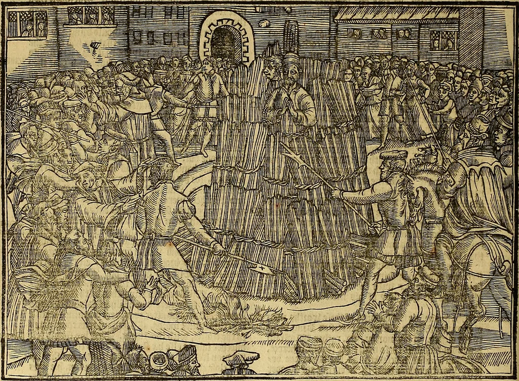An illustration from The Ecclesiasticall historie : containing the Acts and monuments of martyrs, with a generall discourse of these later persecutions, horrible troubles and tumults, stirred up by Romish prelates in the Church: with divers other things incident, especially to this Realme of England and Scotland, as partly also to all other forraigne nations appertaining, from the time of Q. Maries entring upon the Crowne, to the reigne of our late gracious Soveraigne, Q. Elizabeth of blessed memorie, 1641, leaf 377