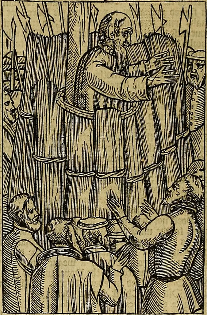 An illustration from The Ecclesiasticall historie : containing the Acts and monuments of martyrs, with a generall discourse of these later persecutions, horrible troubles and tumults, stirred up by Romish prelates in the Church: with divers other things incident, especially to this Realme of England and Scotland, as partly also to all other forraigne nations appertaining, from the time of Q. Maries entring upon the Crowne, to the reigne of our late gracious Soveraigne, Q. Elizabeth of blessed memorie, 1641, leaf 381