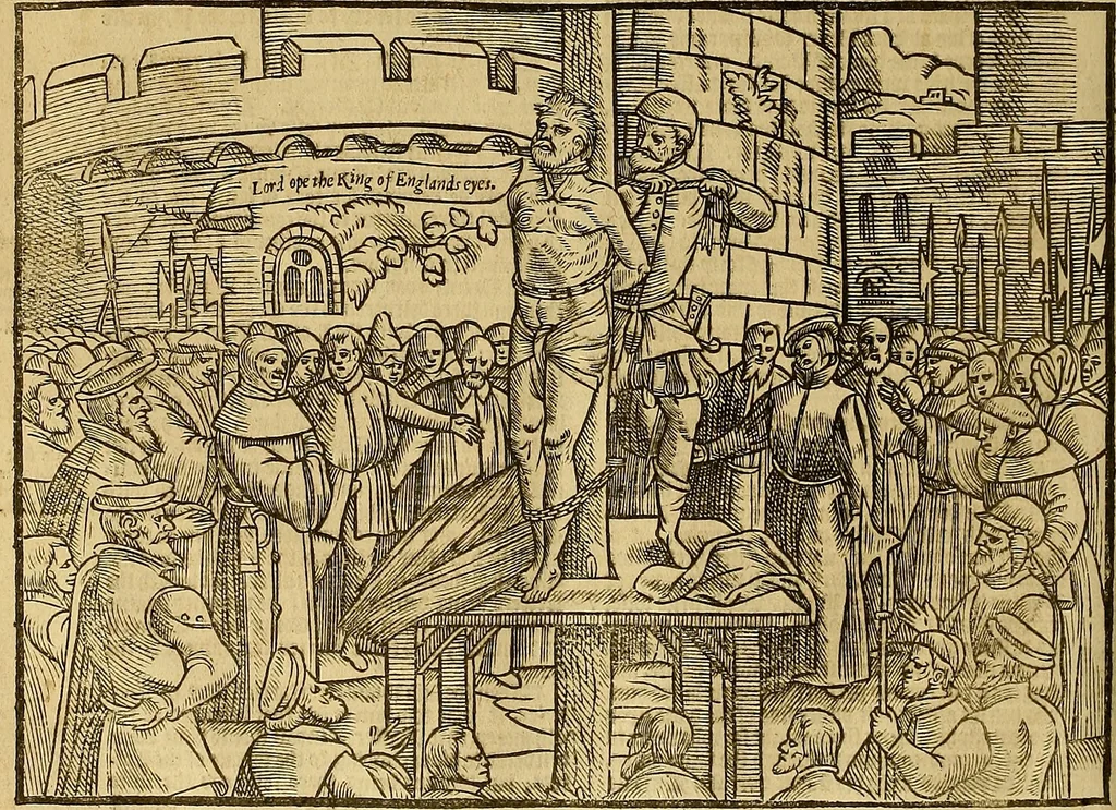 An illustration from The Ecclesiasticall historie : containing the Acts and monuments of martyrs, with a generall discourse of these later persecutions, horrible troubles and tumults, stirred up by Romish prelates in the Church: with divers other things incident, especially to this Realme of England and Scotland, as partly also to all other forraigne nations appertaining, from the time of Q. Maries entring upon the Crowne, to the reigne of our late gracious Soveraigne, Q. Elizabeth of blessed memorie, 1641, leaf 433