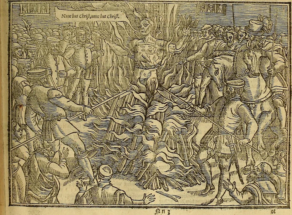 An illustration from The Ecclesiasticall historie : containing the Acts and monuments of martyrs, with a generall discourse of these later persecutions, horrible troubles and tumults, stirred up by Romish prelates in the Church: with divers other things incident, especially to this Realme of England and Scotland, as partly also to all other forraigne nations appertaining, from the time of Q. Maries entring upon the Crowne, to the reigne of our late gracious Soveraigne, Q. Elizabeth of blessed memorie, 1641, leaf 494