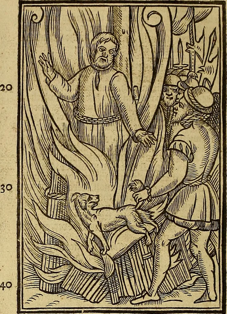 An illustration from The Ecclesiasticall historie : containing the Acts and monuments of martyrs, with a generall discourse of these later persecutions, horrible troubles and tumults, stirred up by Romish prelates in the Church: with divers other things incident, especially to this Realme of England and Scotland, as partly also to all other forraigne nations appertaining, from the time of Q. Maries entring upon the Crowne, to the reigne of our late gracious Soveraigne, Q. Elizabeth of blessed memorie, 1641, leaf 503