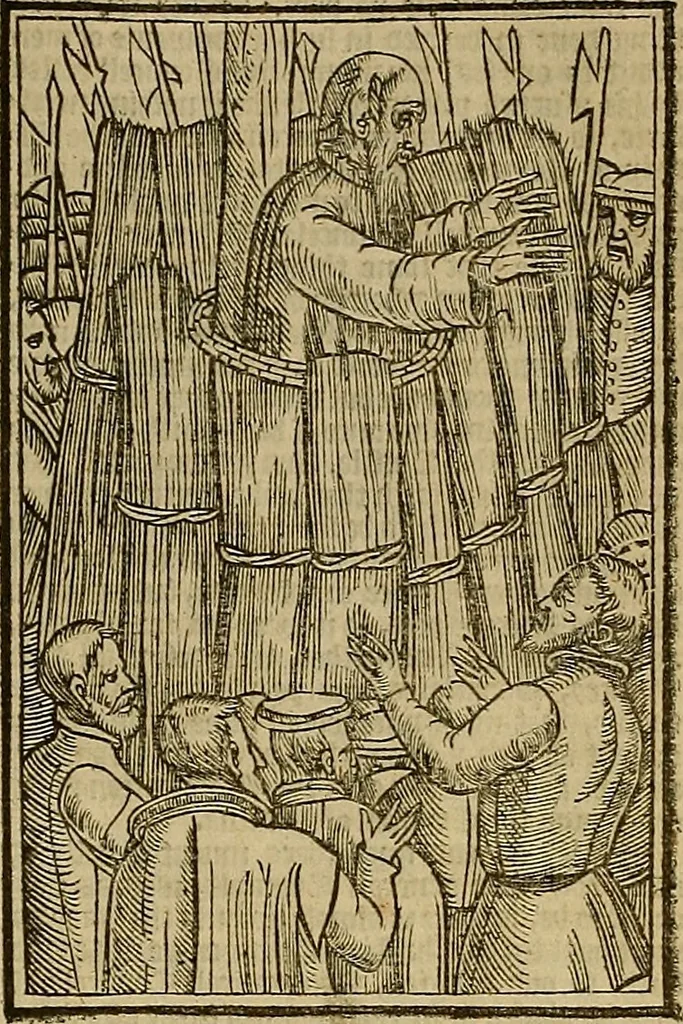 An illustration from The Ecclesiasticall historie : containing the Acts and monuments of martyrs, with a generall discourse of these later persecutions, horrible troubles and tumults, stirred up by Romish prelates in the Church: with divers other things incident, especially to this Realme of England and Scotland, as partly also to all other forraigne nations appertaining, from the time of Q. Maries entring upon the Crowne, to the reigne of our late gracious Soveraigne, Q. Elizabeth of blessed memorie, 1641, leaf 504