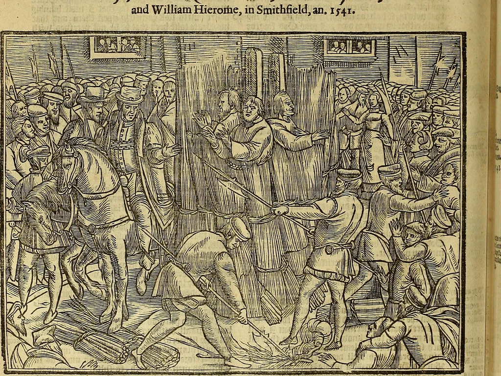 An illustration from The Ecclesiasticall historie : containing the Acts and monuments of martyrs, with a generall discourse of these later persecutions, horrible troubles and tumults, stirred up by Romish prelates in the Church: with divers other things incident, especially to this Realme of England and Scotland, as partly also to all other forraigne nations appertaining, from the time of Q. Maries entring upon the Crowne, to the reigne of our late gracious Soveraigne, Q. Elizabeth of blessed memorie, 1641, leaf 593