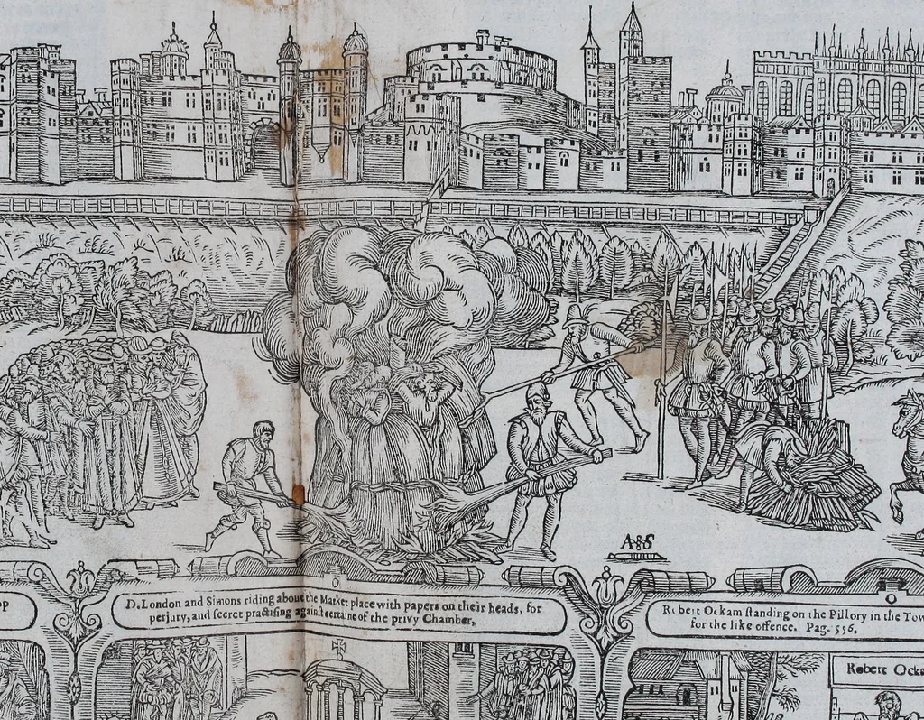 An illustration from The Ecclesiasticall historie : containing the Acts and monuments of martyrs, with a generall discourse of these later persecutions, horrible troubles and tumults, stirred up by Romish prelates in the Church: with divers other things incident, especially to this Realme of England and Scotland, as partly also to all other forraigne nations appertaining, from the time of Q. Maries entring upon the Crowne, to the reigne of our late gracious Soveraigne, Q. Elizabeth of blessed memorie, 1641, leaf 622