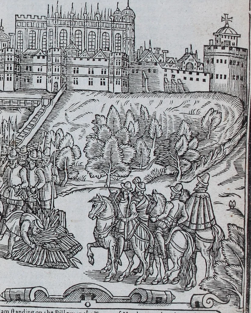 An illustration from The Ecclesiasticall historie : containing the Acts and monuments of martyrs, with a generall discourse of these later persecutions, horrible troubles and tumults, stirred up by Romish prelates in the Church: with divers other things incident, especially to this Realme of England and Scotland, as partly also to all other forraigne nations appertaining, from the time of Q. Maries entring upon the Crowne, to the reigne of our late gracious Soveraigne, Q. Elizabeth of blessed memorie, 1641, leaf 622