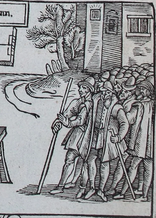 An illustration from The Ecclesiasticall historie : containing the Acts and monuments of martyrs, with a generall discourse of these later persecutions, horrible troubles and tumults, stirred up by Romish prelates in the Church: with divers other things incident, especially to this Realme of England and Scotland, as partly also to all other forraigne nations appertaining, from the time of Q. Maries entring upon the Crowne, to the reigne of our late gracious Soveraigne, Q. Elizabeth of blessed memorie, 1641, leaf 622
