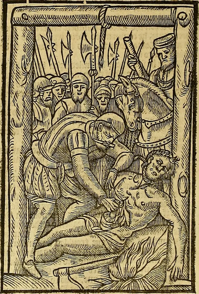 An illustration from The Ecclesiasticall historie : containing the Acts and monuments of martyrs, with a generall discourse of these later persecutions, horrible troubles and tumults, stirred up by Romish prelates in the Church: with divers other things incident, especially to this Realme of England and Scotland, as partly also to all other forraigne nations appertaining, from the time of Q. Maries entring upon the Crowne, to the reigne of our late gracious Soveraigne, Q. Elizabeth of blessed memorie, 1641, leaf 633