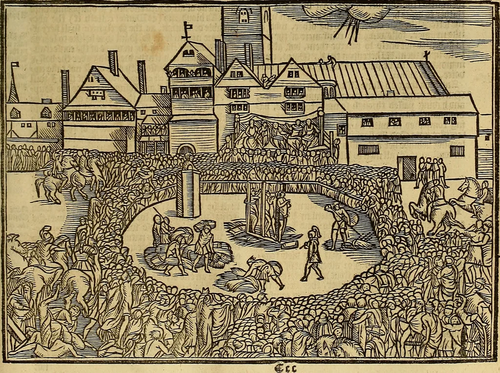 An illustration from The Ecclesiasticall historie : containing the Acts and monuments of martyrs, with a generall discourse of these later persecutions, horrible troubles and tumults, stirred up by Romish prelates in the Church: with divers other things incident, especially to this Realme of England and Scotland, as partly also to all other forraigne nations appertaining, from the time of Q. Maries entring upon the Crowne, to the reigne of our late gracious Soveraigne, Q. Elizabeth of blessed memorie, 1641, leaf 648