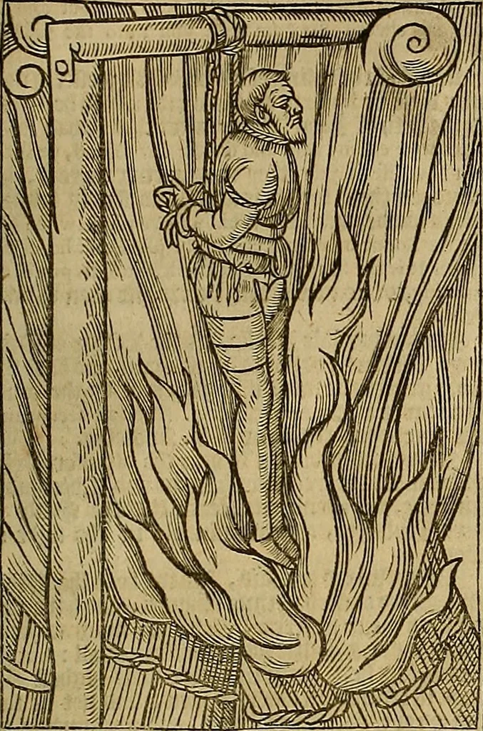 An illustration from The Ecclesiasticall historie : containing the Acts and monuments of martyrs, with a generall discourse of these later persecutions, horrible troubles and tumults, stirred up by Romish prelates in the Church: with divers other things incident, especially to this Realme of England and Scotland, as partly also to all other forraigne nations appertaining, from the time of Q. Maries entring upon the Crowne, to the reigne of our late gracious Soveraigne, Q. Elizabeth of blessed memorie, 1641, leaf 690