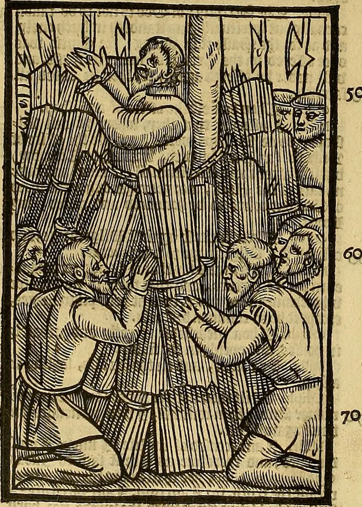 An illustration from The Ecclesiasticall historie : containing the Acts and monuments of martyrs, with a generall discourse of these later persecutions, horrible troubles and tumults, stirred up by Romish prelates in the Church: with divers other things incident, especially to this Realme of England and Scotland, as partly also to all other forraigne nations appertaining, from the time of Q. Maries entring upon the Crowne, to the reigne of our late gracious Soveraigne, Q. Elizabeth of blessed memorie, 1641, leaf 695