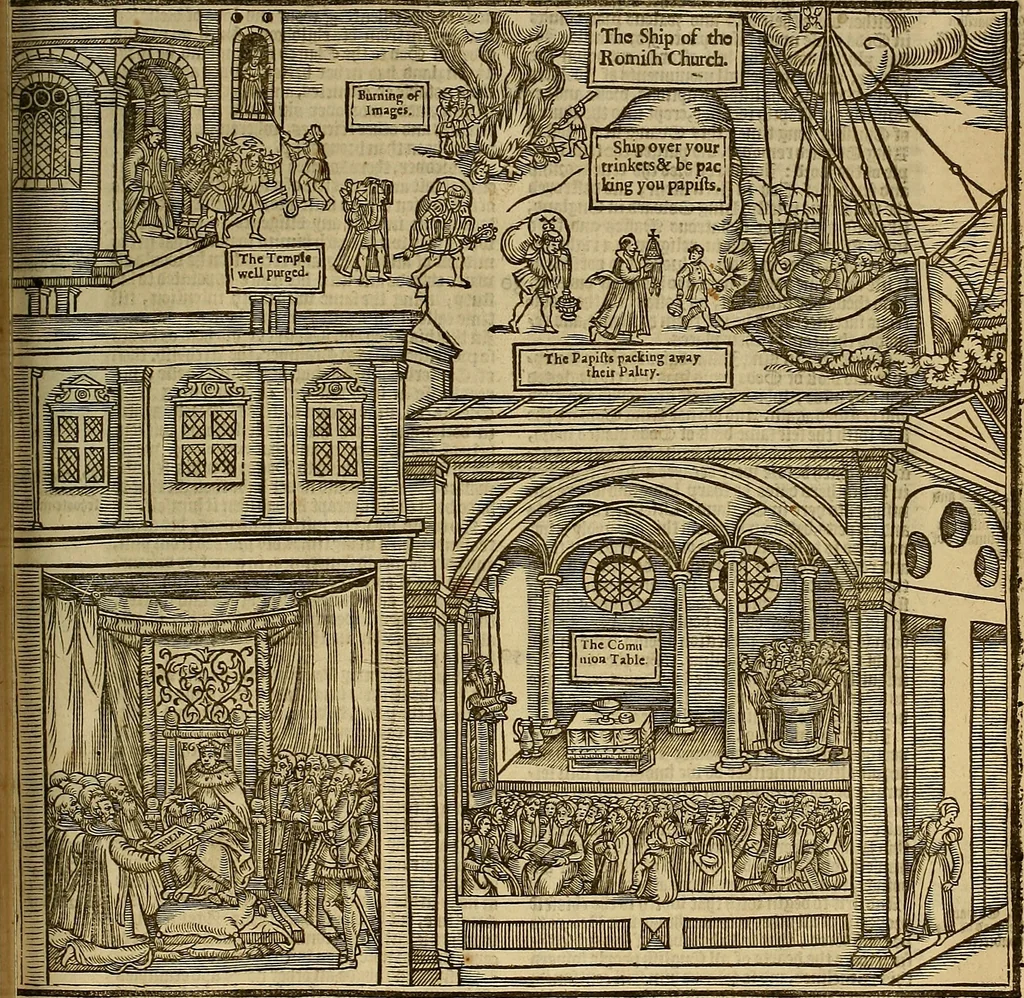 An illustration from The Ecclesiasticall historie : containing the Acts and monuments of martyrs, with a generall discourse of these later persecutions, horrible troubles and tumults, stirred up by Romish prelates in the Church: with divers other things incident, especially to this Realme of England and Scotland, as partly also to all other forraigne nations appertaining, from the time of Q. Maries entring upon the Crowne, to the reigne of our late gracious Soveraigne, Q. Elizabeth of blessed memorie, 1641, leaf 720