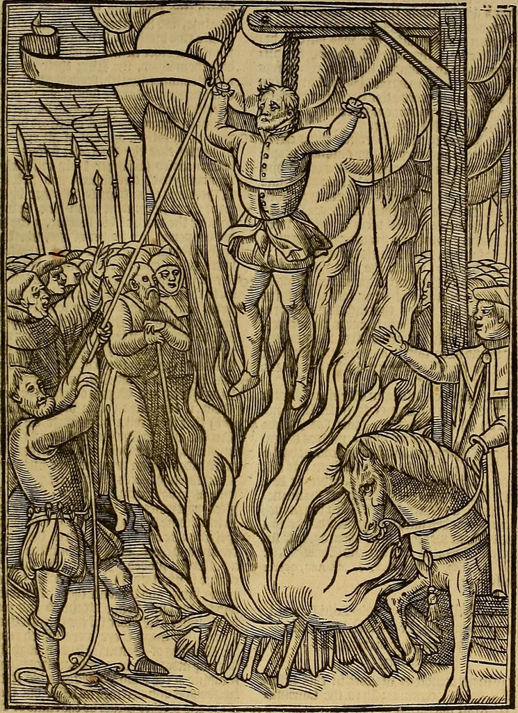 An illustration from The Ecclesiasticall historie : containing the Acts and monuments of martyrs, with a generall discourse of these later persecutions, horrible troubles and tumults, stirred up by Romish prelates in the Church: with divers other things incident, especially to this Realme of England and Scotland, as partly also to all other forraigne nations appertaining, from the time of Q. Maries entring upon the Crowne, to the reigne of our late gracious Soveraigne, Q. Elizabeth of blessed memorie, 1641, leaf 816