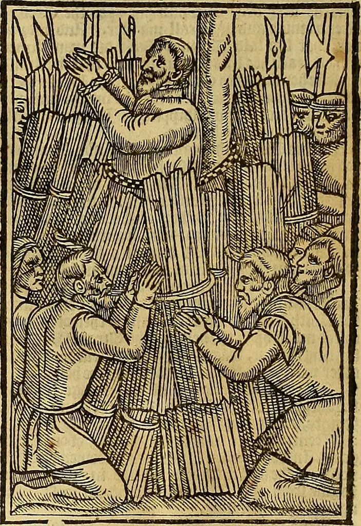 An illustration from The Ecclesiasticall historie : containing the Acts and monuments of martyrs, with a generall discourse of these later persecutions, horrible troubles and tumults, stirred up by Romish prelates in the Church: with divers other things incident, especially to this Realme of England and Scotland, as partly also to all other forraigne nations appertaining, from the time of Q. Maries entring upon the Crowne, to the reigne of our late gracious Soveraigne, Q. Elizabeth of blessed memorie, 1641, leaf 91