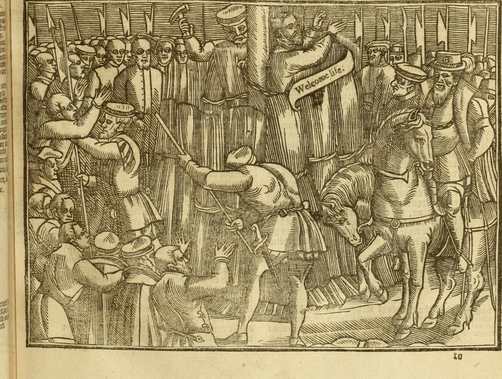 An illustration from The Ecclesiasticall historie : containing the Acts and monuments of martyrs, with a generall discourse of these later persecutions, horrible troubles and tumults, stirred up by Romish prelates in the Church: with divers other things incident, especially to this Realme of England and Scotland, as partly also to all other forraigne nations appertaining, from the time of Q. Maries entring upon the Crowne, to the reigne of our late gracious Soveraigne, Q. Elizabeth of blessed memorie, 1641, leaf 146