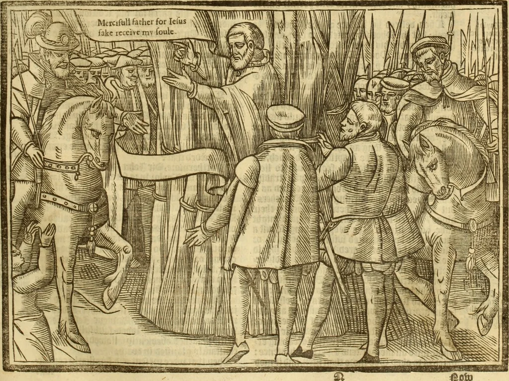 An illustration from The Ecclesiasticall historie : containing the Acts and monuments of martyrs, with a generall discourse of these later persecutions, horrible troubles and tumults, stirred up by Romish prelates in the Church: with divers other things incident, especially to this Realme of England and Scotland, as partly also to all other forraigne nations appertaining, from the time of Q. Maries entring upon the Crowne, to the reigne of our late gracious Soveraigne, Q. Elizabeth of blessed memorie, 1641, leaf 184