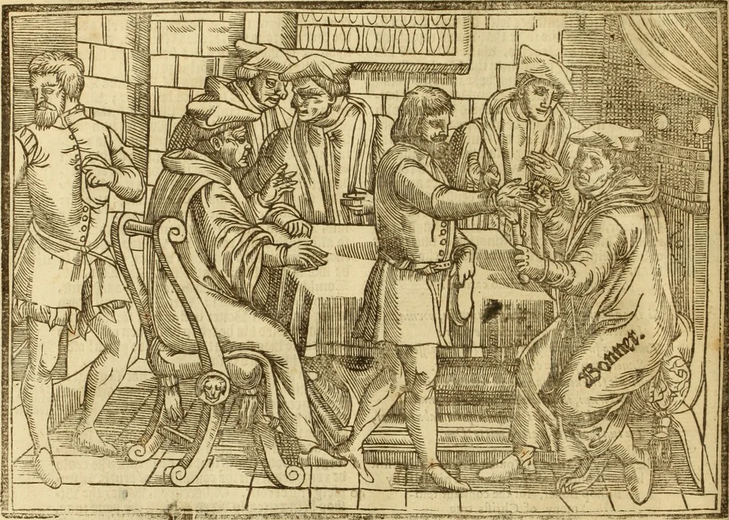 An illustration from The Ecclesiasticall historie : containing the Acts and monuments of martyrs, with a generall discourse of these later persecutions, horrible troubles and tumults, stirred up by Romish prelates in the Church: with divers other things incident, especially to this Realme of England and Scotland, as partly also to all other forraigne nations appertaining, from the time of Q. Maries entring upon the Crowne, to the reigne of our late gracious Soveraigne, Q. Elizabeth of blessed memorie, 1641, leaf 195