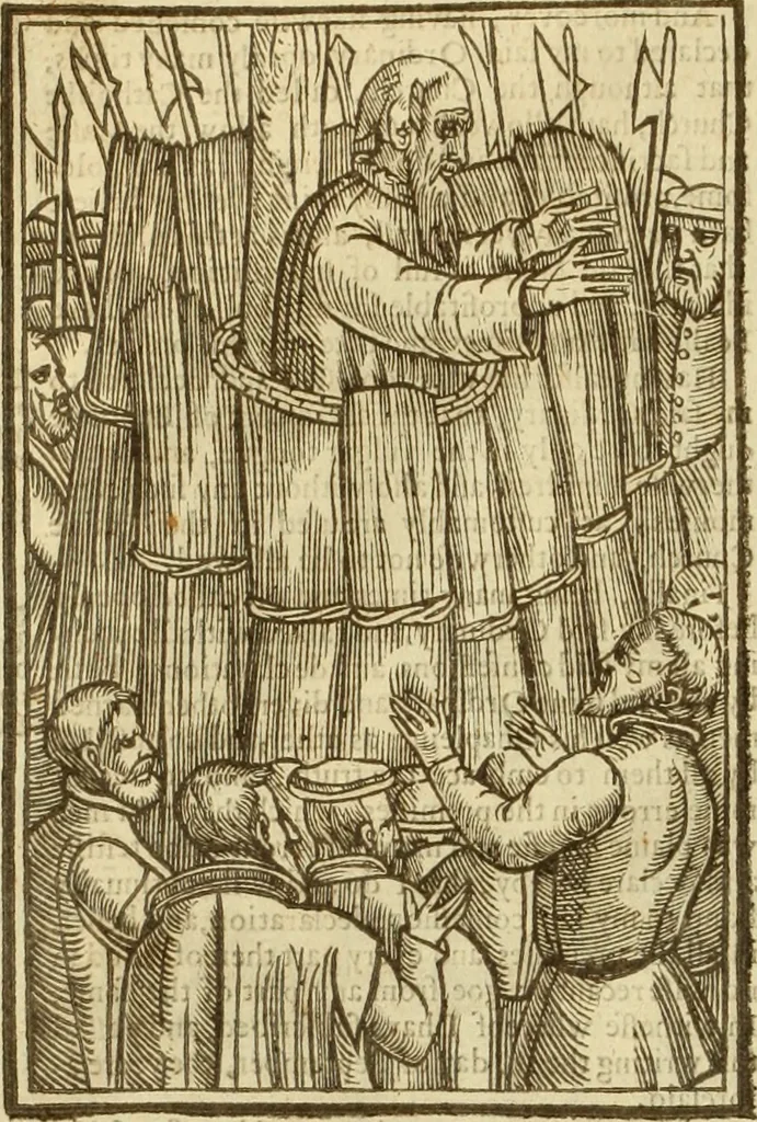 An illustration from The Ecclesiasticall historie : containing the Acts and monuments of martyrs, with a generall discourse of these later persecutions, horrible troubles and tumults, stirred up by Romish prelates in the Church: with divers other things incident, especially to this Realme of England and Scotland, as partly also to all other forraigne nations appertaining, from the time of Q. Maries entring upon the Crowne, to the reigne of our late gracious Soveraigne, Q. Elizabeth of blessed memorie, 1641, leaf 197