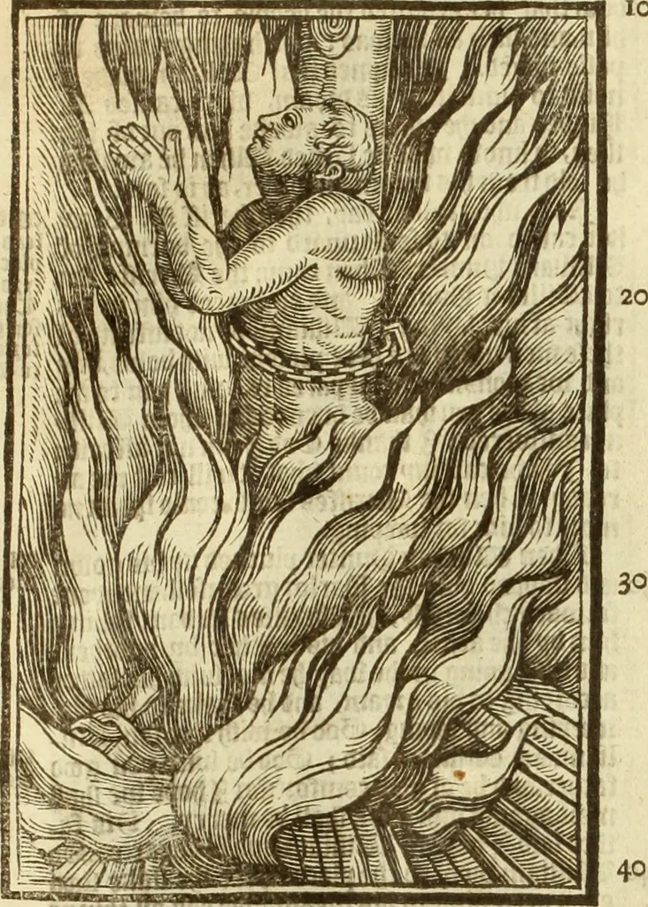 An illustration from The Ecclesiasticall historie : containing the Acts and monuments of martyrs, with a generall discourse of these later persecutions, horrible troubles and tumults, stirred up by Romish prelates in the Church: with divers other things incident, especially to this Realme of England and Scotland, as partly also to all other forraigne nations appertaining, from the time of Q. Maries entring upon the Crowne, to the reigne of our late gracious Soveraigne, Q. Elizabeth of blessed memorie, 1641, leaf 201