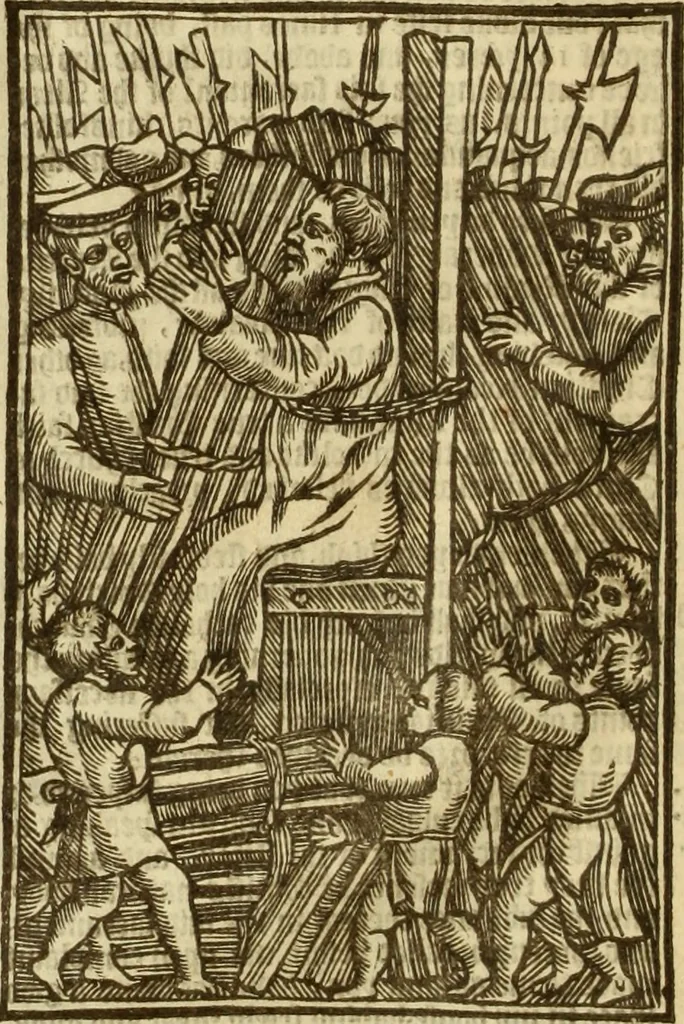An illustration from The Ecclesiasticall historie : containing the Acts and monuments of martyrs, with a generall discourse of these later persecutions, horrible troubles and tumults, stirred up by Romish prelates in the Church: with divers other things incident, especially to this Realme of England and Scotland, as partly also to all other forraigne nations appertaining, from the time of Q. Maries entring upon the Crowne, to the reigne of our late gracious Soveraigne, Q. Elizabeth of blessed memorie, 1641, leaf 207