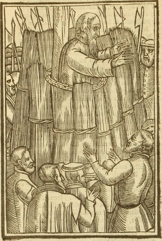 An illustration from The Ecclesiasticall historie : containing the Acts and monuments of martyrs, with a generall discourse of these later persecutions, horrible troubles and tumults, stirred up by Romish prelates in the Church: with divers other things incident, especially to this Realme of England and Scotland, as partly also to all other forraigne nations appertaining, from the time of Q. Maries entring upon the Crowne, to the reigne of our late gracious Soveraigne, Q. Elizabeth of blessed memorie, 1641, leaf 223