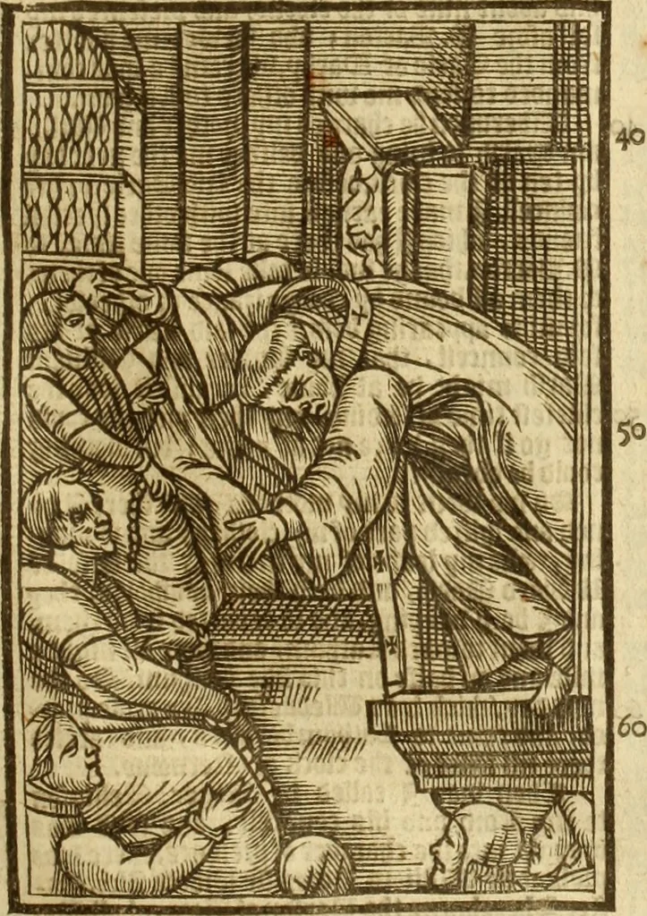 An illustration from The Ecclesiasticall historie : containing the Acts and monuments of martyrs, with a generall discourse of these later persecutions, horrible troubles and tumults, stirred up by Romish prelates in the Church: with divers other things incident, especially to this Realme of England and Scotland, as partly also to all other forraigne nations appertaining, from the time of Q. Maries entring upon the Crowne, to the reigne of our late gracious Soveraigne, Q. Elizabeth of blessed memorie, 1641, leaf 230