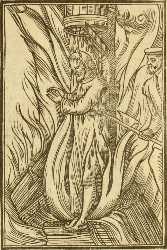 An illustration from The Ecclesiasticall historie : containing the Acts and monuments of martyrs, with a generall discourse of these later persecutions, horrible troubles and tumults, stirred up by Romish prelates in the Church: with divers other things incident, especially to this Realme of England and Scotland, as partly also to all other forraigne nations appertaining, from the time of Q. Maries entring upon the Crowne, to the reigne of our late gracious Soveraigne, Q. Elizabeth of blessed memorie, 1641, leaf 238