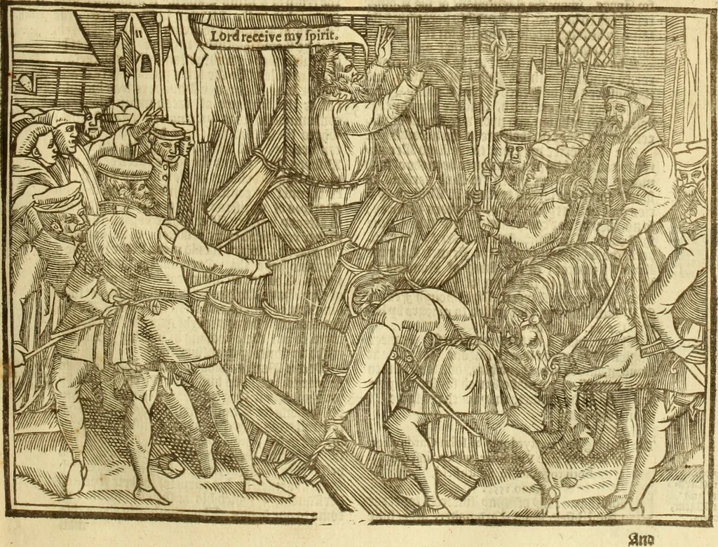 An illustration from The Ecclesiasticall historie : containing the Acts and monuments of martyrs, with a generall discourse of these later persecutions, horrible troubles and tumults, stirred up by Romish prelates in the Church: with divers other things incident, especially to this Realme of England and Scotland, as partly also to all other forraigne nations appertaining, from the time of Q. Maries entring upon the Crowne, to the reigne of our late gracious Soveraigne, Q. Elizabeth of blessed memorie, 1641, leaf 252