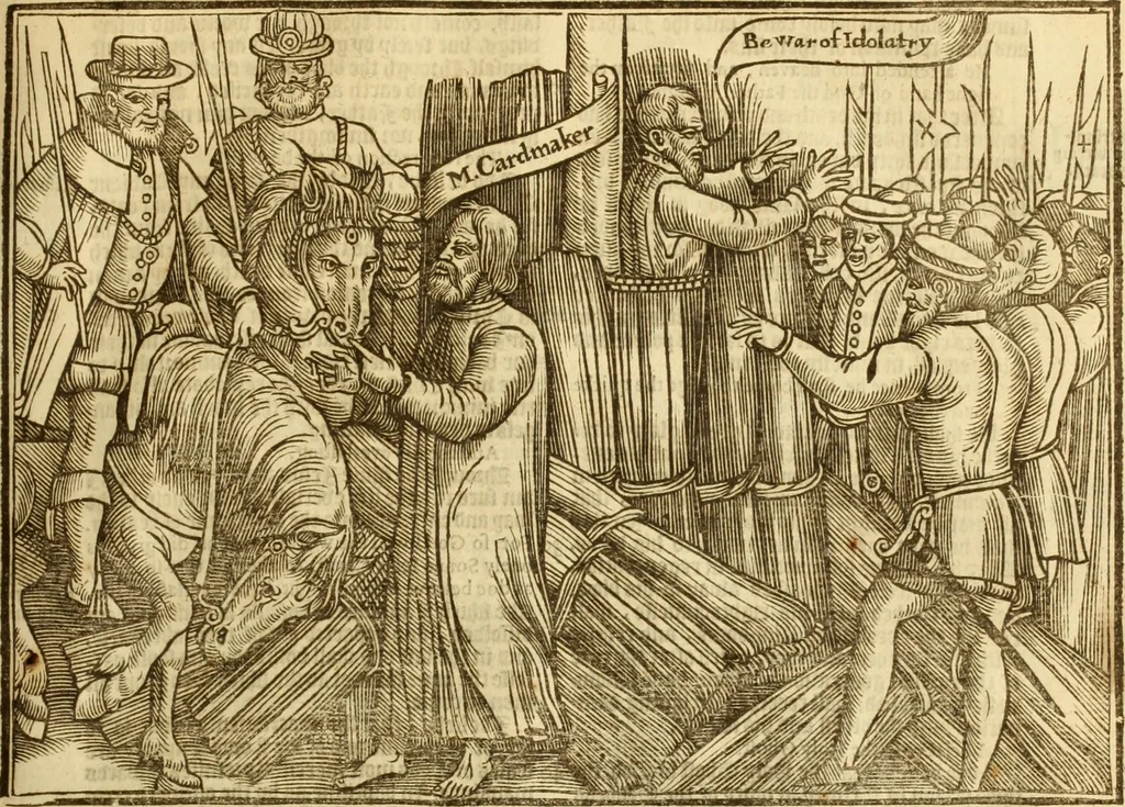 An illustration from The Ecclesiasticall historie : containing the Acts and monuments of martyrs, with a generall discourse of these later persecutions, horrible troubles and tumults, stirred up by Romish prelates in the Church: with divers other things incident, especially to this Realme of England and Scotland, as partly also to all other forraigne nations appertaining, from the time of Q. Maries entring upon the Crowne, to the reigne of our late gracious Soveraigne, Q. Elizabeth of blessed memorie, 1641, leaf 256