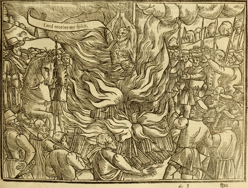 An illustration from The Ecclesiasticall historie : containing the Acts and monuments of martyrs, with a generall discourse of these later persecutions, horrible troubles and tumults, stirred up by Romish prelates in the Church: with divers other things incident, especially to this Realme of England and Scotland, as partly also to all other forraigne nations appertaining, from the time of Q. Maries entring upon the Crowne, to the reigne of our late gracious Soveraigne, Q. Elizabeth of blessed memorie, 1641, leaf 272