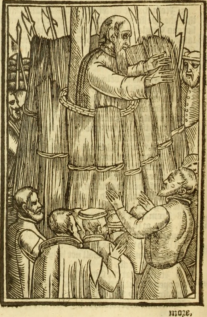 An illustration from The Ecclesiasticall historie : containing the Acts and monuments of martyrs, with a generall discourse of these later persecutions, horrible troubles and tumults, stirred up by Romish prelates in the Church: with divers other things incident, especially to this Realme of England and Scotland, as partly also to all other forraigne nations appertaining, from the time of Q. Maries entring upon the Crowne, to the reigne of our late gracious Soveraigne, Q. Elizabeth of blessed memorie, 1641, leaf 277