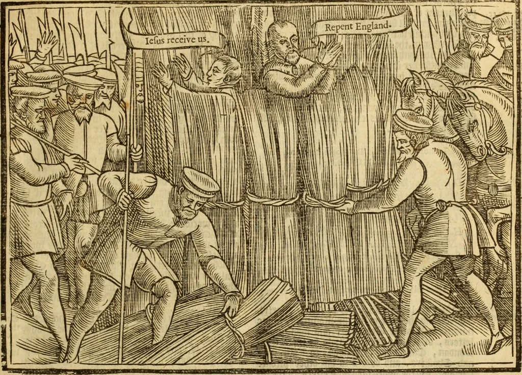 An illustration from The Ecclesiasticall historie : containing the Acts and monuments of martyrs, with a generall discourse of these later persecutions, horrible troubles and tumults, stirred up by Romish prelates in the Church: with divers other things incident, especially to this Realme of England and Scotland, as partly also to all other forraigne nations appertaining, from the time of Q. Maries entring upon the Crowne, to the reigne of our late gracious Soveraigne, Q. Elizabeth of blessed memorie, 1641, leaf 314