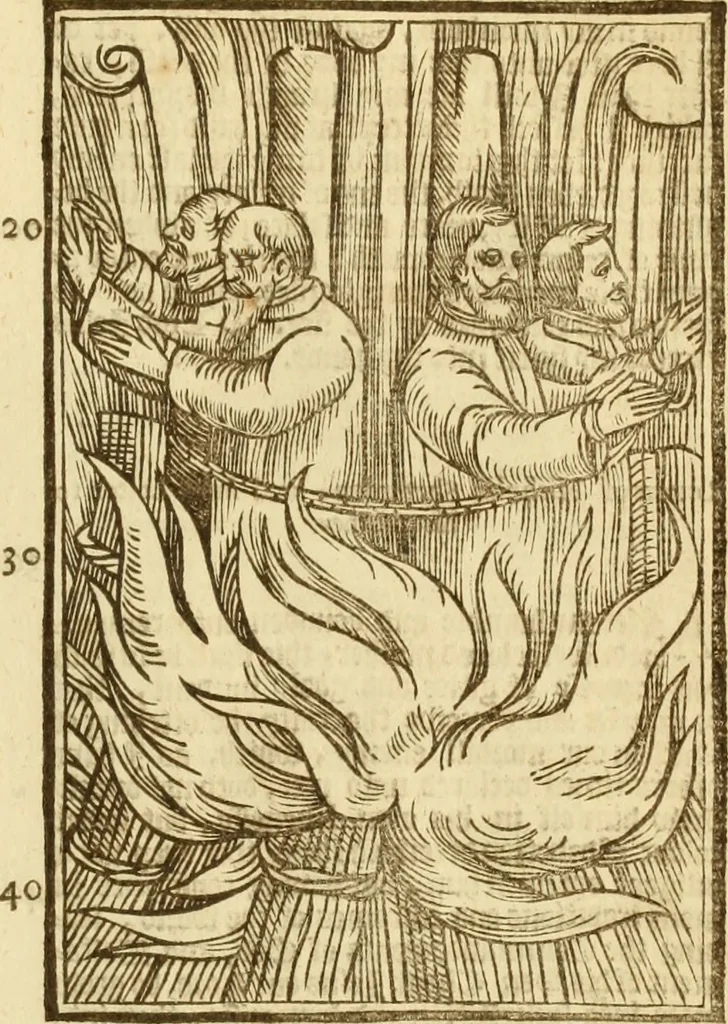 An illustration from The Ecclesiasticall historie : containing the Acts and monuments of martyrs, with a generall discourse of these later persecutions, horrible troubles and tumults, stirred up by Romish prelates in the Church: with divers other things incident, especially to this Realme of England and Scotland, as partly also to all other forraigne nations appertaining, from the time of Q. Maries entring upon the Crowne, to the reigne of our late gracious Soveraigne, Q. Elizabeth of blessed memorie, 1641, leaf 384