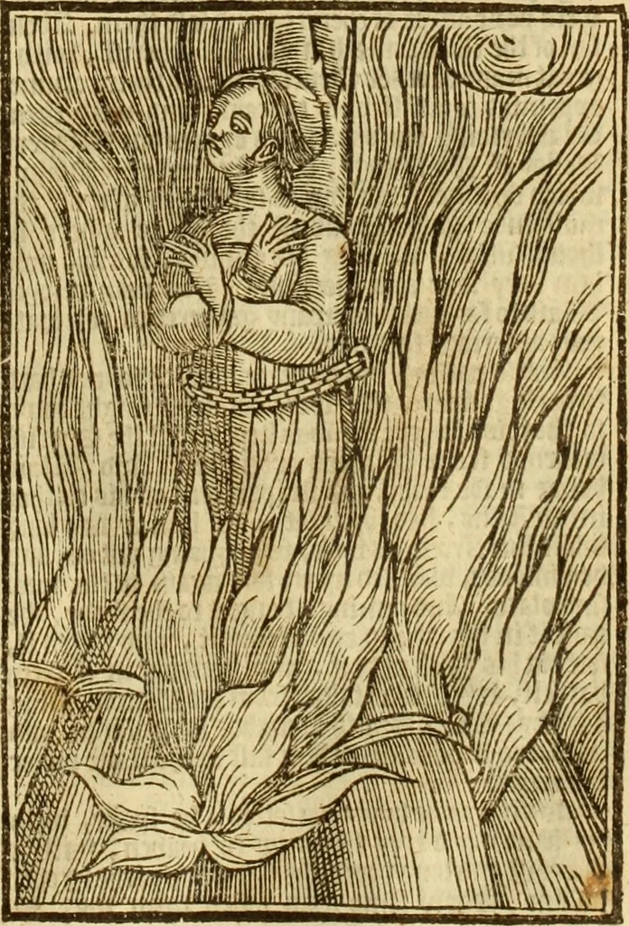 An illustration from The Ecclesiasticall historie : containing the Acts and monuments of martyrs, with a generall discourse of these later persecutions, horrible troubles and tumults, stirred up by Romish prelates in the Church: with divers other things incident, especially to this Realme of England and Scotland, as partly also to all other forraigne nations appertaining, from the time of Q. Maries entring upon the Crowne, to the reigne of our late gracious Soveraigne, Q. Elizabeth of blessed memorie, 1641, leaf 388