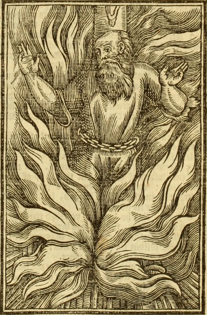 An illustration from The Ecclesiasticall historie : containing the Acts and monuments of martyrs, with a generall discourse of these later persecutions, horrible troubles and tumults, stirred up by Romish prelates in the Church: with divers other things incident, especially to this Realme of England and Scotland, as partly also to all other forraigne nations appertaining, from the time of Q. Maries entring upon the Crowne, to the reigne of our late gracious Soveraigne, Q. Elizabeth of blessed memorie, 1641, leaf 392