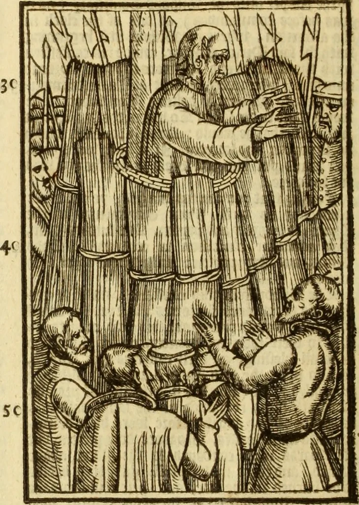 An illustration from The Ecclesiasticall historie : containing the Acts and monuments of martyrs, with a generall discourse of these later persecutions, horrible troubles and tumults, stirred up by Romish prelates in the Church: with divers other things incident, especially to this Realme of England and Scotland, as partly also to all other forraigne nations appertaining, from the time of Q. Maries entring upon the Crowne, to the reigne of our late gracious Soveraigne, Q. Elizabeth of blessed memorie, 1641, leaf 393