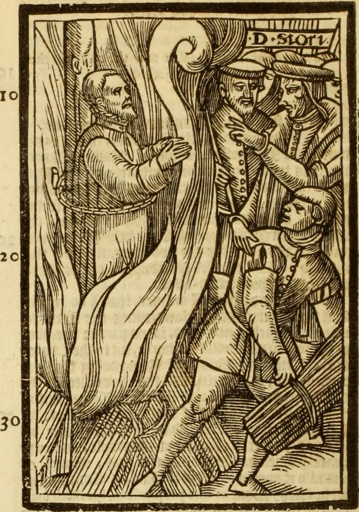 An illustration from The Ecclesiasticall historie : containing the Acts and monuments of martyrs, with a generall discourse of these later persecutions, horrible troubles and tumults, stirred up by Romish prelates in the Church: with divers other things incident, especially to this Realme of England and Scotland, as partly also to all other forraigne nations appertaining, from the time of Q. Maries entring upon the Crowne, to the reigne of our late gracious Soveraigne, Q. Elizabeth of blessed memorie, 1641, leaf 397