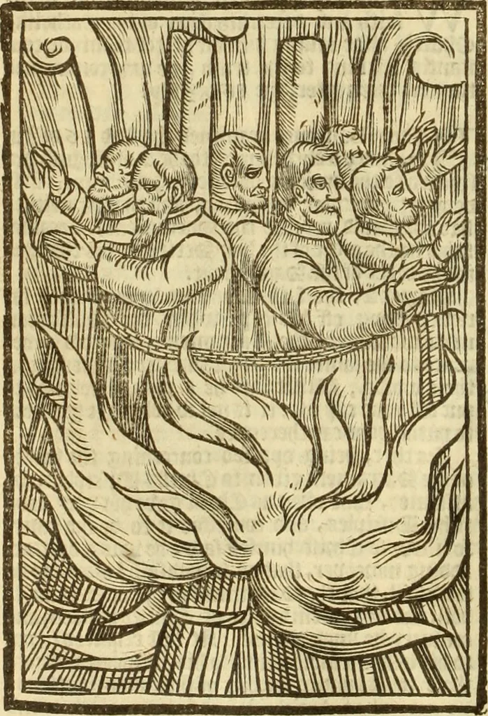 An illustration from The Ecclesiasticall historie : containing the Acts and monuments of martyrs, with a generall discourse of these later persecutions, horrible troubles and tumults, stirred up by Romish prelates in the Church: with divers other things incident, especially to this Realme of England and Scotland, as partly also to all other forraigne nations appertaining, from the time of Q. Maries entring upon the Crowne, to the reigne of our late gracious Soveraigne, Q. Elizabeth of blessed memorie, 1641, leaf 401