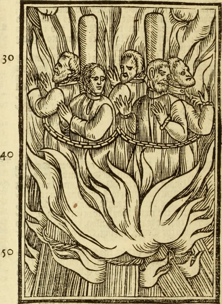 An illustration from The Ecclesiasticall historie : containing the Acts and monuments of martyrs, with a generall discourse of these later persecutions, horrible troubles and tumults, stirred up by Romish prelates in the Church: with divers other things incident, especially to this Realme of England and Scotland, as partly also to all other forraigne nations appertaining, from the time of Q. Maries entring upon the Crowne, to the reigne of our late gracious Soveraigne, Q. Elizabeth of blessed memorie, 1641, leaf 427