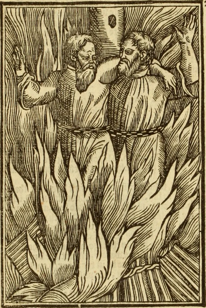 An illustration from The Ecclesiasticall historie : containing the Acts and monuments of martyrs, with a generall discourse of these later persecutions, horrible troubles and tumults, stirred up by Romish prelates in the Church: with divers other things incident, especially to this Realme of England and Scotland, as partly also to all other forraigne nations appertaining, from the time of Q. Maries entring upon the Crowne, to the reigne of our late gracious Soveraigne, Q. Elizabeth of blessed memorie, 1641, leaf 435